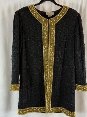 Vintage Tan-Chho Black and Gold Scroll
Beaded Sequin 100% Silk Jacket-blazer
